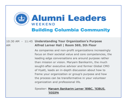 maryamb's tweet photo. Looking forward to speaking about my favorite topic tomorrow @Columbia 's #LeadersWeekend. #Purpose. @ColumbiaAlumniA @CU_SPS_StratCom @Columbiasipa
@BarnardCollege @Columbia_Biz https://t.co/pNL7UZyqj9