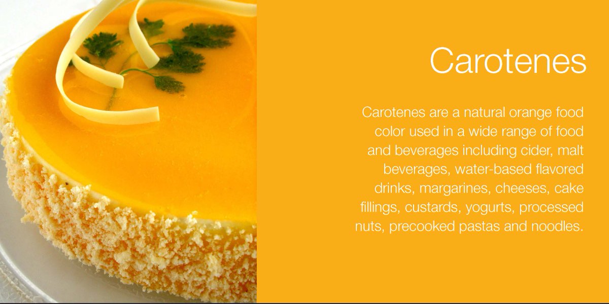 IACMColor's tweet image. #Carotenes are a natural orange food color. It is used in margarines, cheese, custards, yogurts and so much more! #ColorFact #FeatureColor