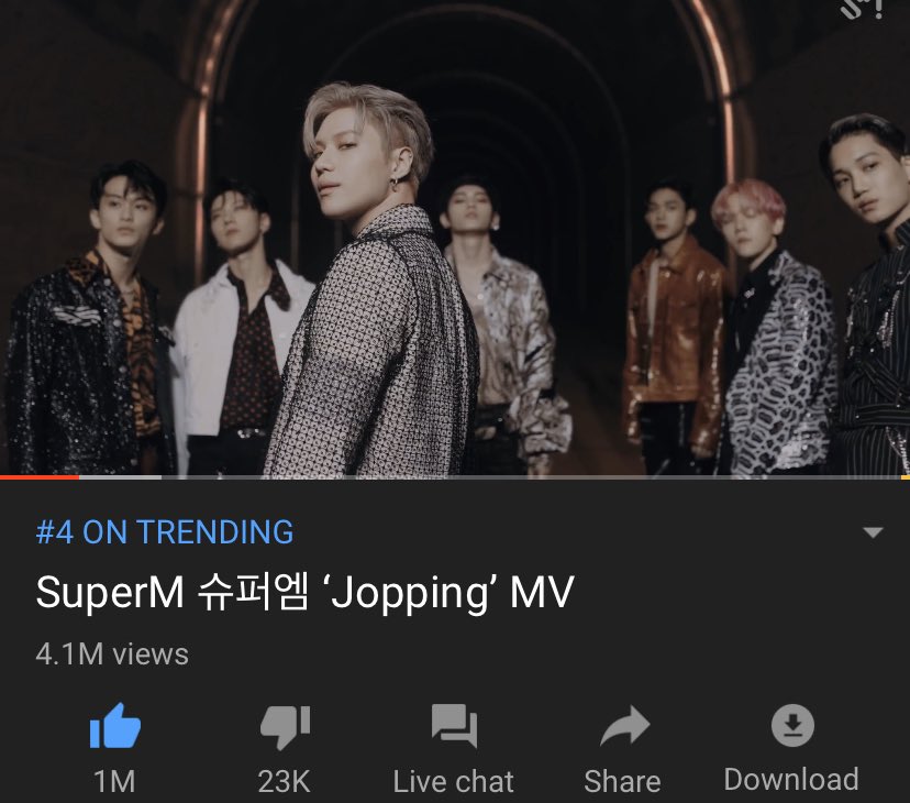 SuperM__smtown_'s tweet photo. We are at 4.1M views in less than 12 hours!#4 TRENDING
1MILLION LIKES!We have surpassed our 800k like goal!CONGRATS🔥🥳 KEEP STREAMING 8MIL IS THE GOAL#SuperMIsHere
#LetsGoJopping
@SuperM
#SuperMLivePremiere #superm_jopping #superm #supermthefuture #wearethefuture https://t.co/q94D8WbsEL