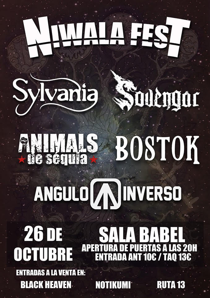 El 26 de octubre se celebrará la 6ª edición del NIWALA FEST

bit.ly/2Og1O8W

<a href="/NiwalaFest/">Niwala Fest</a> <a href="/sylvaniametal/">Sylvania</a> <a href="/Sovengar/">SovengarOfficial</a> <a href="/angulo_inverso/">Angulo Inverso Rock</a> <a href="/BostokBand/">Bostok Band</a> <a href="/BlackHven/">Black Heaven</a>