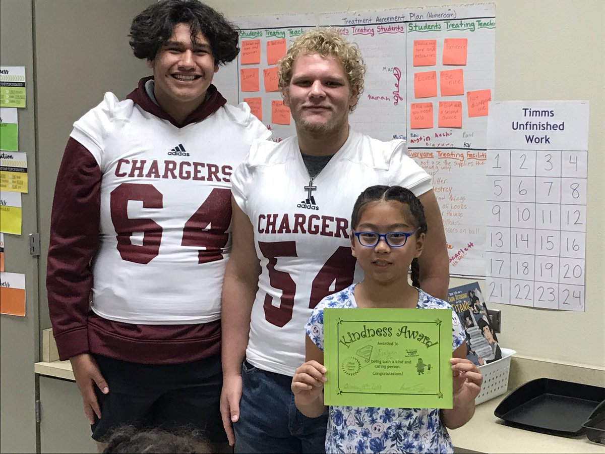 ScottTimms8's tweet photo. Charger Football players working in their community and working with kids. Also, gave out our kindness awards! Great times! @FSESFriendship #CelebrateKISD https://t.co/GSe7eVSZjJ