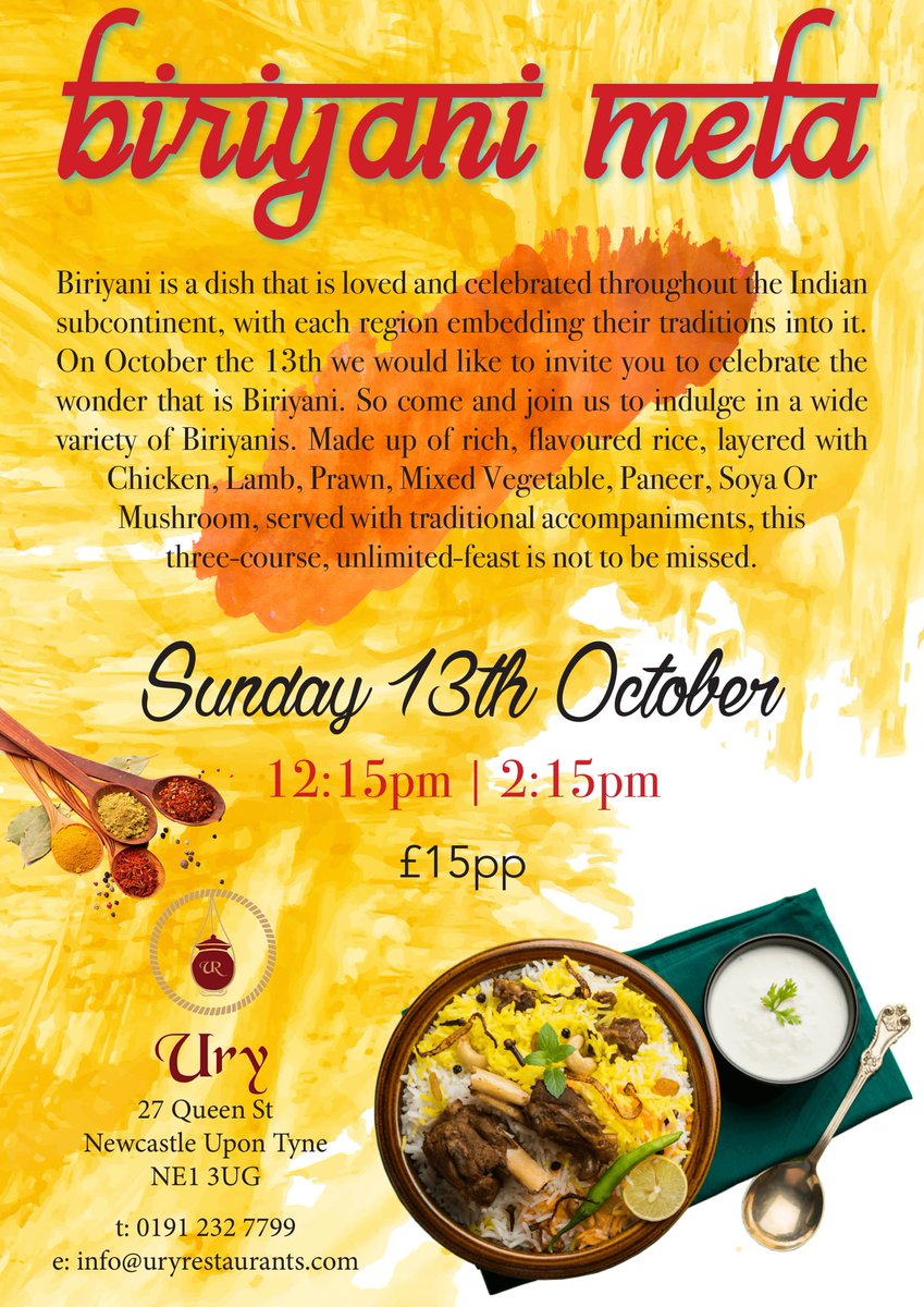 UryRestaurants's tweet photo. Biriyani Mela, enough said!

On October the 13th we are celebrating one of India's favourite dishes, Biriyani.
On the day we will be serving up seven delicious varieties of Biriyani comprising of Chicken, Lamb, Prawn, Soya, Paneer and Mixed Vegatable.
Get Booking Folks!

#ury https://t.co/rZv55DIBHx