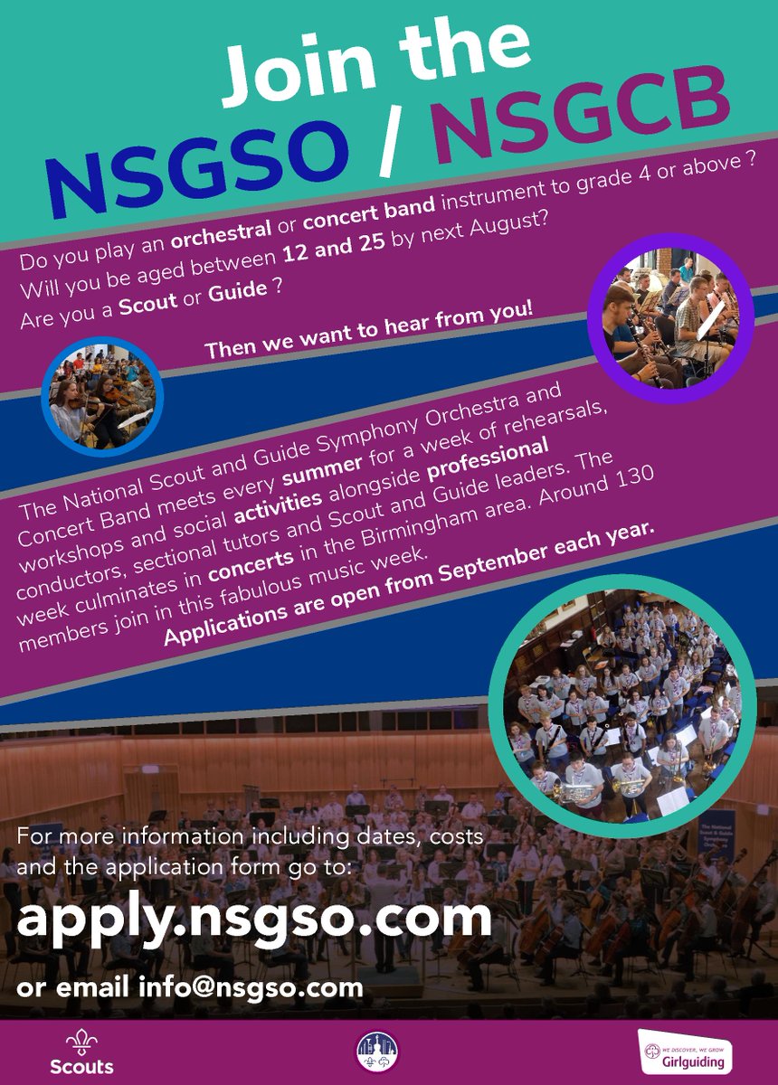 Guiding_LaSER's tweet photo. Are you a musician aged 12-25? The applications for the 2020 National Scout &amp;Guide Symphony Orchestra &amp; Concert Band are now open &amp; you could take part! Apply here https://t.co/mutFWqUNZB &amp; read about Sian’s experience on our website here: https://t.co/s2ZqRAt0Vq https://t.co/R3BNfTnsTm