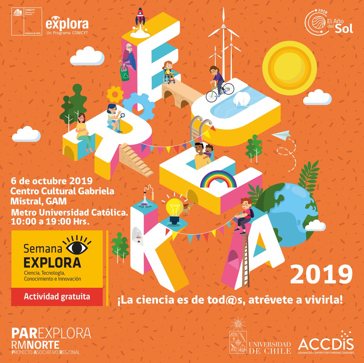 FONDAP_ACCDiS's tweet photo. Invitamos a toda la comunidad al Festival #Eureka, actividad científica gratuita para toda la familia, organizada por nuestro proyecto @parexploranorte.

Te esperamos este domingo 6 de octubre entre las 10 y las 19 horas en el @centroGAM. ¡No te lo pierdas! https://t.co/kELYI2LHBy