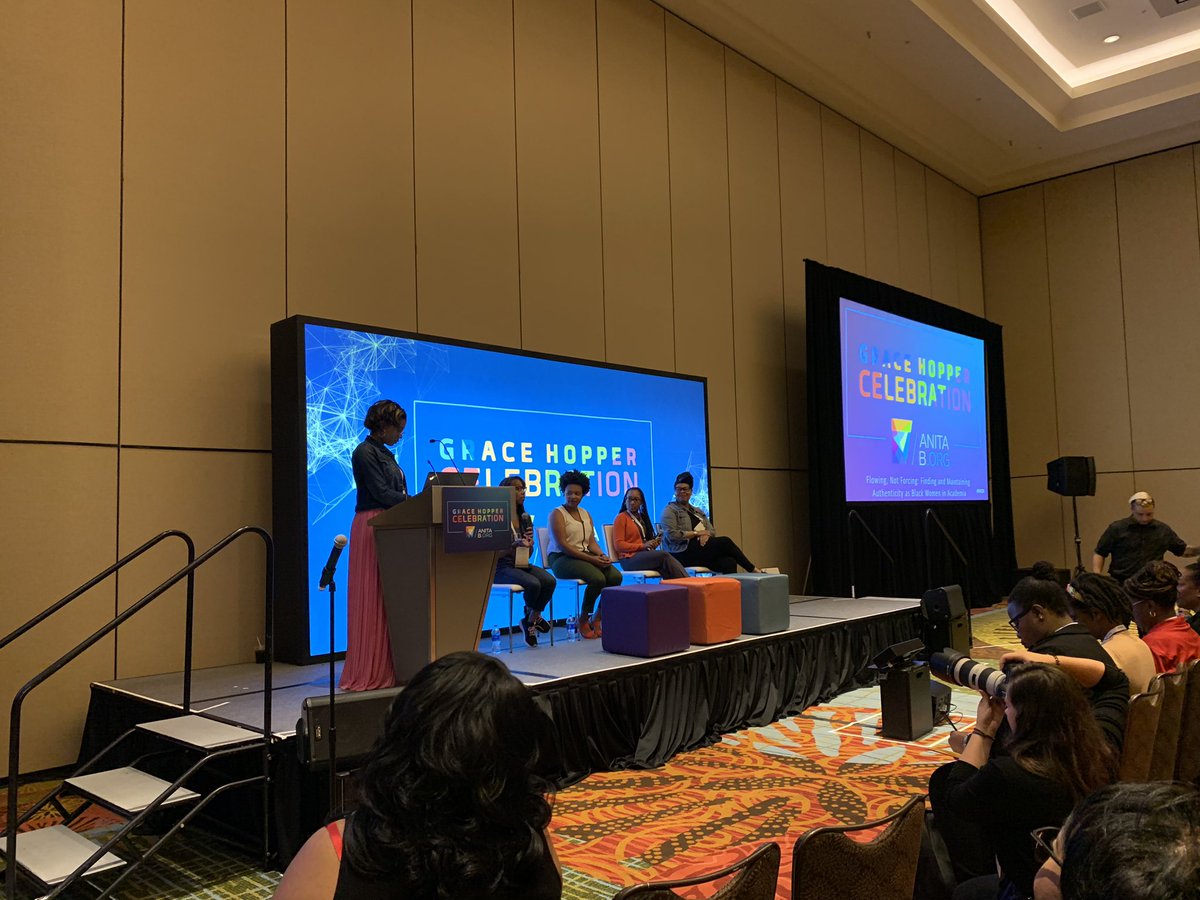 ModFigsPodcast's tweet photo. Our hosts have run over to the Hyatt to hear the best speakers (yes we’re biased) at #GHC19 on “Flowing, Not Forcing: Finding and Maintaining Authenticity as Black Women in Academia.” #modfigspod #blackcomputeher #thinkbigdiversity #iaamcs #HBCUs #bwic #blackandSTEM https://t.co/hr5u8uFMnp