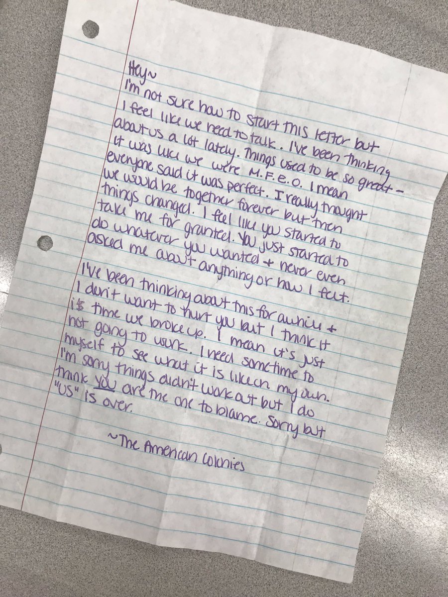 k_kaage's tweet photo. Kicking off today’s lesson with a (fake) break-up letter to introduce the Declaration of Independence!!! #d57learns #digitald57 #ssrocks #neverevergettingbacktogether https://t.co/7BWaLtjZRO