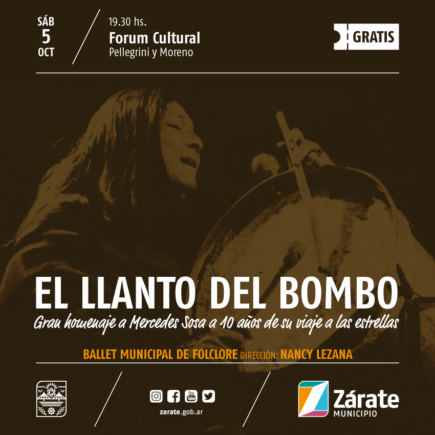 MuniZARATE's tweet photo. #Cultura🥁 | #ElFindeEsForum✨

🎼Este sábado a las 19:30hs en Pellegrini y Moreno llega gratis “El Llanto del Bombo”, un homenaje a Mercedes Sosa a 10 años de su partida, con la participación del Ballet Municipal de Folclore.

¿Qué vas a hacer este finde? 🤔
¡Venite al Forum!👈🏼 https://t.co/eVHtJubhBj