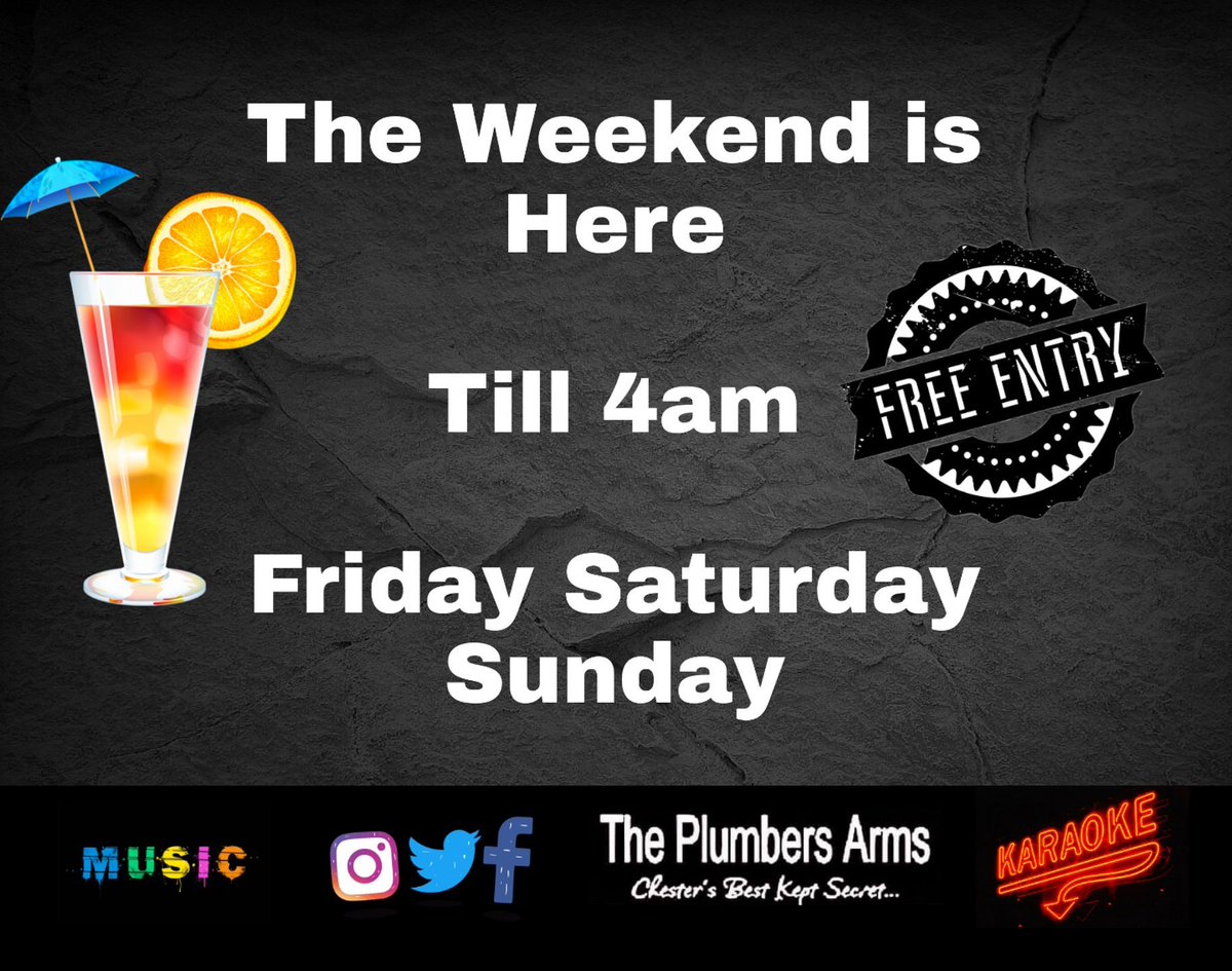 Plumbers Arms (@plumbersarms) on Twitter photo Good Afternoon especially if you are lucky enough to have #Friday as your last day of working before the #weekend.
Join us all weekend till 4am for #Music-#Karaoke-Drinks Offers.#Chester #Cheshire <a href="/chesterchron/">Chester Chronicles</a> <a href="/chesterparties/">Chester Parties</a> #chestertweets <a href="/ShitChester/">12 years of Shitchester</a> @Chesterwhatson Good Afternoon especially if you are lucky enough to have #Friday as your last day of working before the #weekend.
Join us all weekend till 4am for #Music-#Karaoke-Drinks Offers.#Chester #Cheshire <a href="/chesterchron/">Chester Chronicles</a> <a href="/chesterparties/">Chester Parties</a> #chestertweets <a href="/ShitChester/">12 years of Shitchester</a> @Chesterwhatson