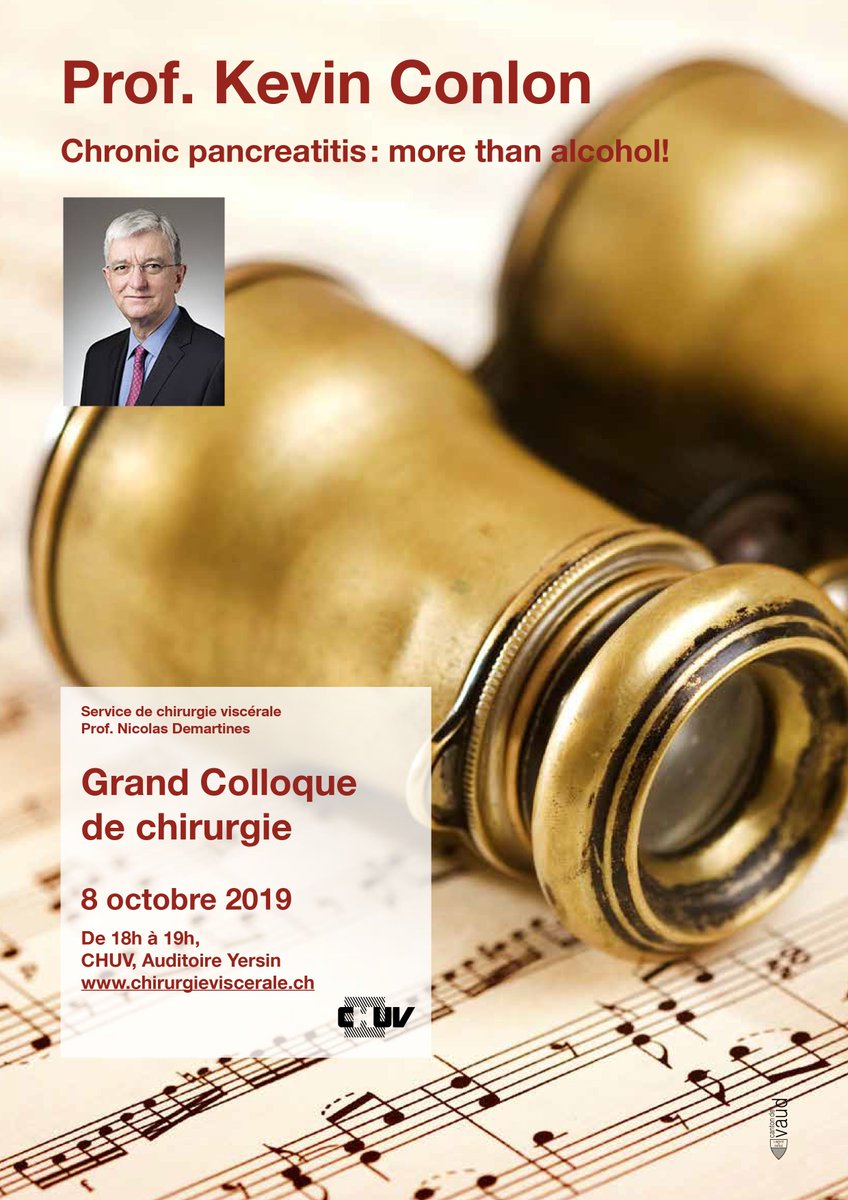 VisceralChuv's tweet photo. @VisceralChuv has the pleasure to welcome Prof.
Kevin CONLON -"Chronic pancreatitis: more than alcohol!" #GrandColloqueCHV #surgicalresearch #HPBsurgery
@ProfDemartines @CHUVLausanne https://t.co/Bmo0bRIhjo