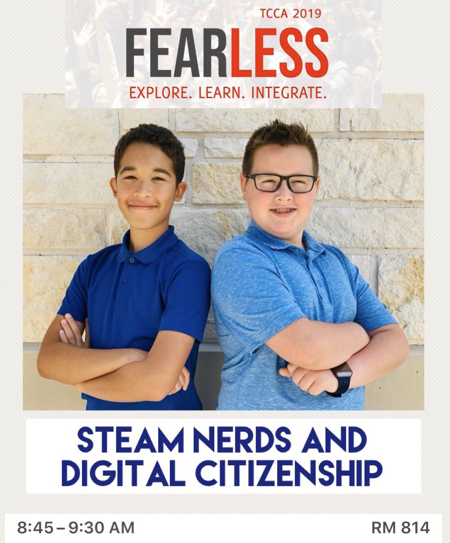 SteamNerds's tweet photo. Are you going to #TCCA19? 
Come to our student session called STEAM Nerds and Digital Citizenship!

#studentvoice #STEAMnerds #DigitalCitizenship 
@TCCAConfig @sched https://t.co/aJ3pliVSza https://t.co/QvEjU3cYnj