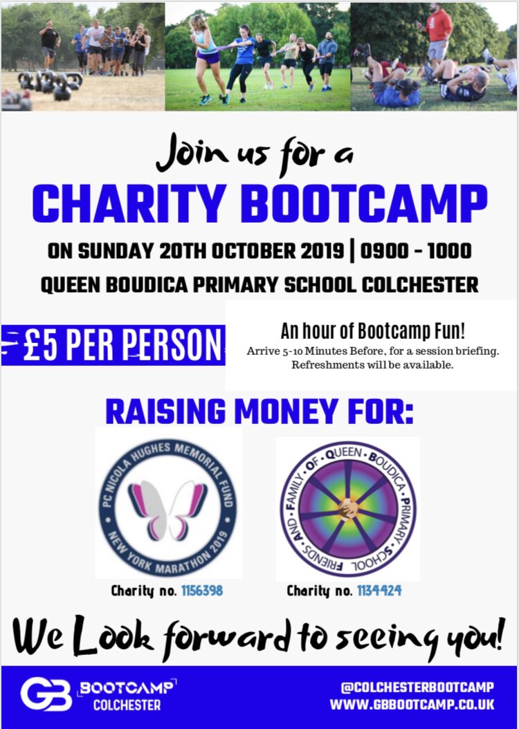 Queen Boudica Primary School Charity Bootcamp!
For all those Sunday early risers!
Sunday 20th October 9-10am
Turn up and pay on the day or get in touch for more info!! #FitnessGoals