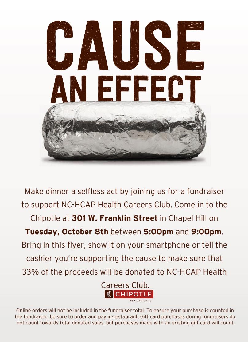 Hey future health professionals!  Come out to Chipotle this Tuesday to support HCC! (Email us a picture of your receipt to get points)