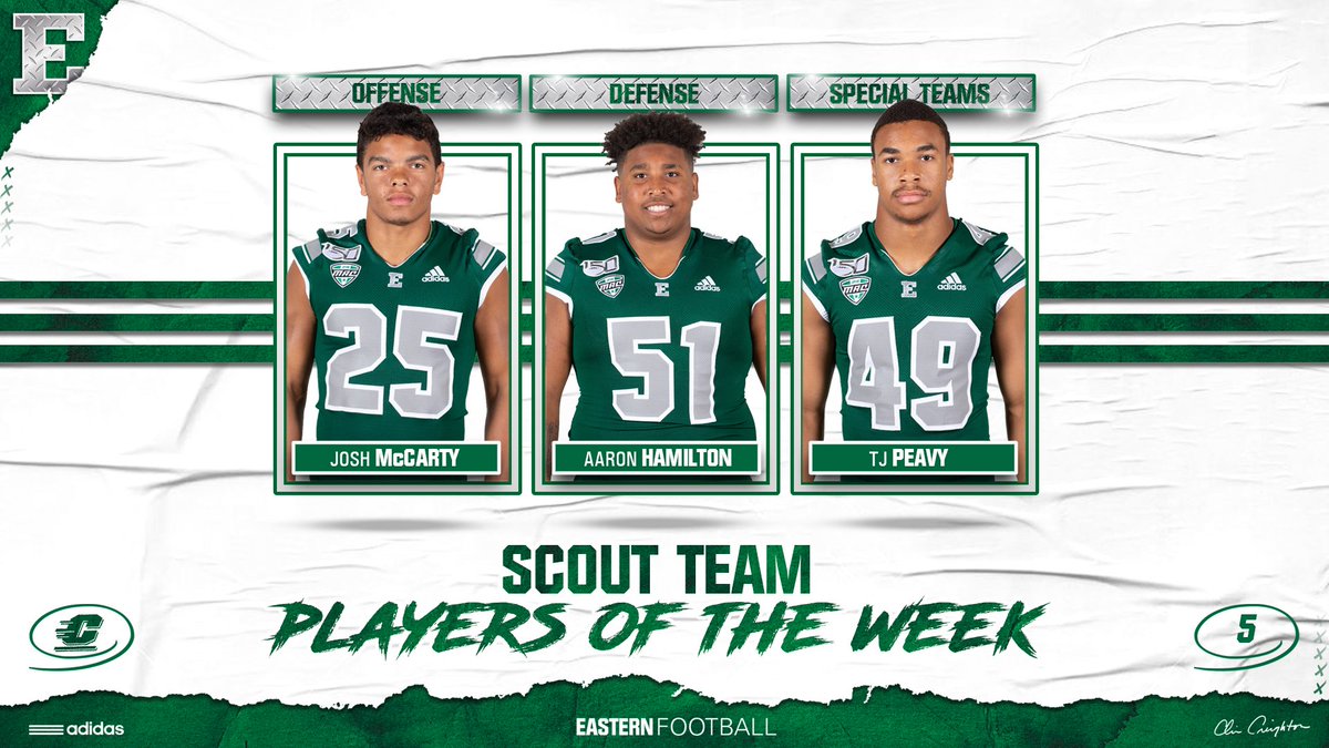 EMUFB's tweet photo. Week 5 (vs CMU) Scout Team Players of the Week are...
Offense: Josh McCarty (@Mccarty_Josh37 )
Defense: Aaron Hamilton (@Aaron_jchs19 )
Special Teams: TJ Peavy (@tj_peavy5)
#ETOUGH ⛓ | #BeatCMU https://t.co/JAnxKjgP5H