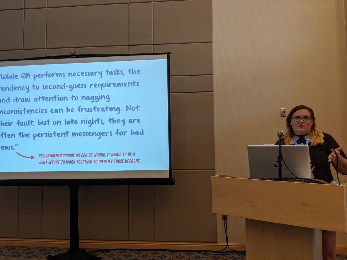 QA often winds up being the canary that surfaces contradictory requirements, because they manifest in wonky software behavior. This is a process problem, not a QA problem. Don't punish the messenger! <a href="/qualitykt/">Katie</a> #SCS2019
