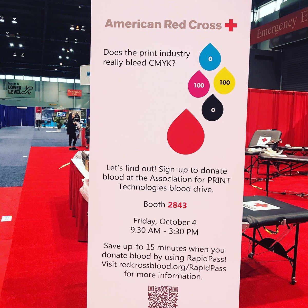 thePRINTevent's tweet photo. Be sure to stop by booth 2843 today any time between 9:30 and 3:30 pm to donate. Let’s find out if the PRINT industry indeed bleeds CMYK! @RedCross #PRINT19 #thePRINTevent #americanredcross https://t.co/sQReVVoG9T