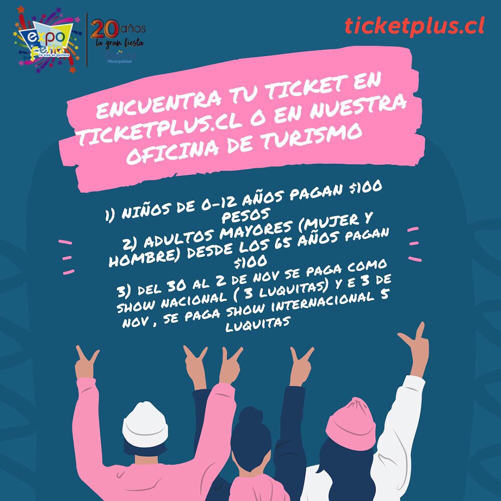 quillota2018's tweet photo. #expolovers 🥰

‼️Recuerda que las entradas ESTÁN DISPONIBLES a través de @ticketpluscl o en nuestra oficina de Turismo ubicada en la plaza de Quillota‼️ 😋🎟 #expoqta2019 https://t.co/lXjIUMskBf