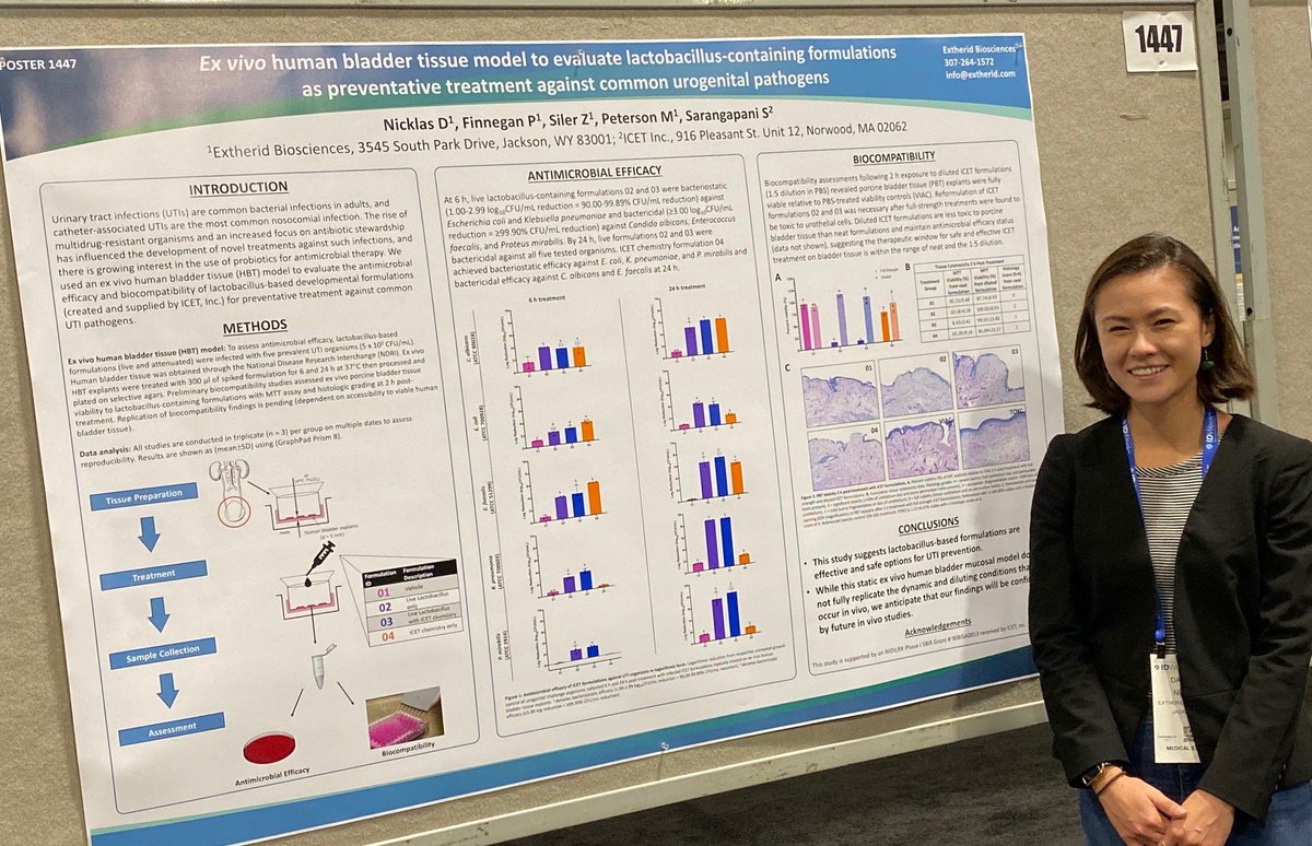 USPerfectus's tweet image. Today at #IDWeek2019! Join Danielle at poster 1447 and chat about the infection scenarios that human and porcine ex vivo tissues can reliably model. Here we see the antimicrobial effects of ICET Inc.'s various #probiotic based formulations against UTI causing #ESKAPE pathogens.