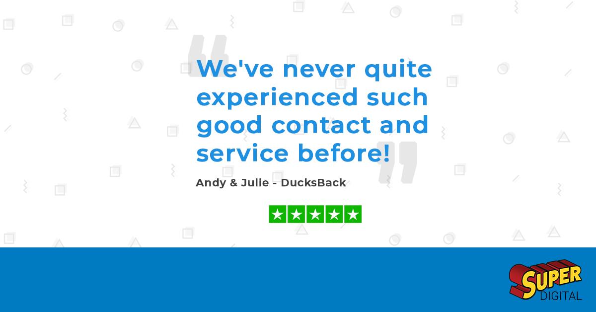 Some lovely feedback from Andy and Julie from DucksBack! We have recentley revamped their eCommerce website here: bit.ly/2Mc1R2N!  If you're interested in any services we offer you can get us on Live Chat 9-5 Mon-Fri or you can call or email!🦆 💻  #superheroes