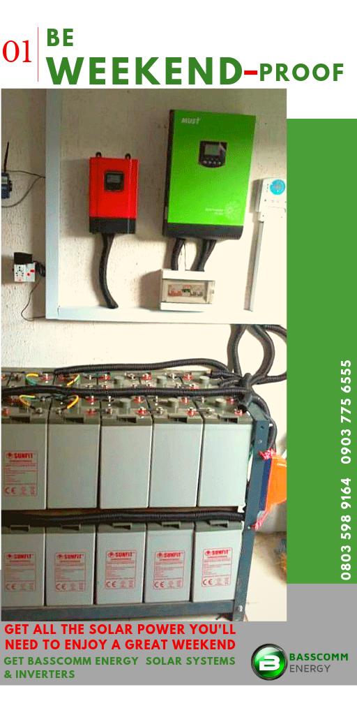 BASSCOMMENERGY's tweet photo. Be Weekend-PROOF!!! 
Get Basscomm Energy Solar systems and Inverters, to enjoy a great weekend with Friends and family!!!

For enquiries and installations, please contact us today 

📞 08035989164, 09037756555

💻 https://t.co/5pJhfRv20M

📧 crm@basscommenergy.com https://t.co/fGjU2IBXXI