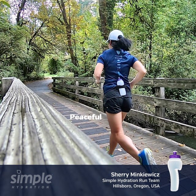 SimpleHydration's tweet photo. Today we're starting our One Word Series with the help of @SimpleHydration Run Team members and fans from around the world. Photo #1 is of Run Team member Sherry Minkiewicz on a “Peaceful” run in Hillsboro, Oregon. #oneword #runsimple #simplehydration #shrunteam #running https://t.co/UcSlnP0BWM