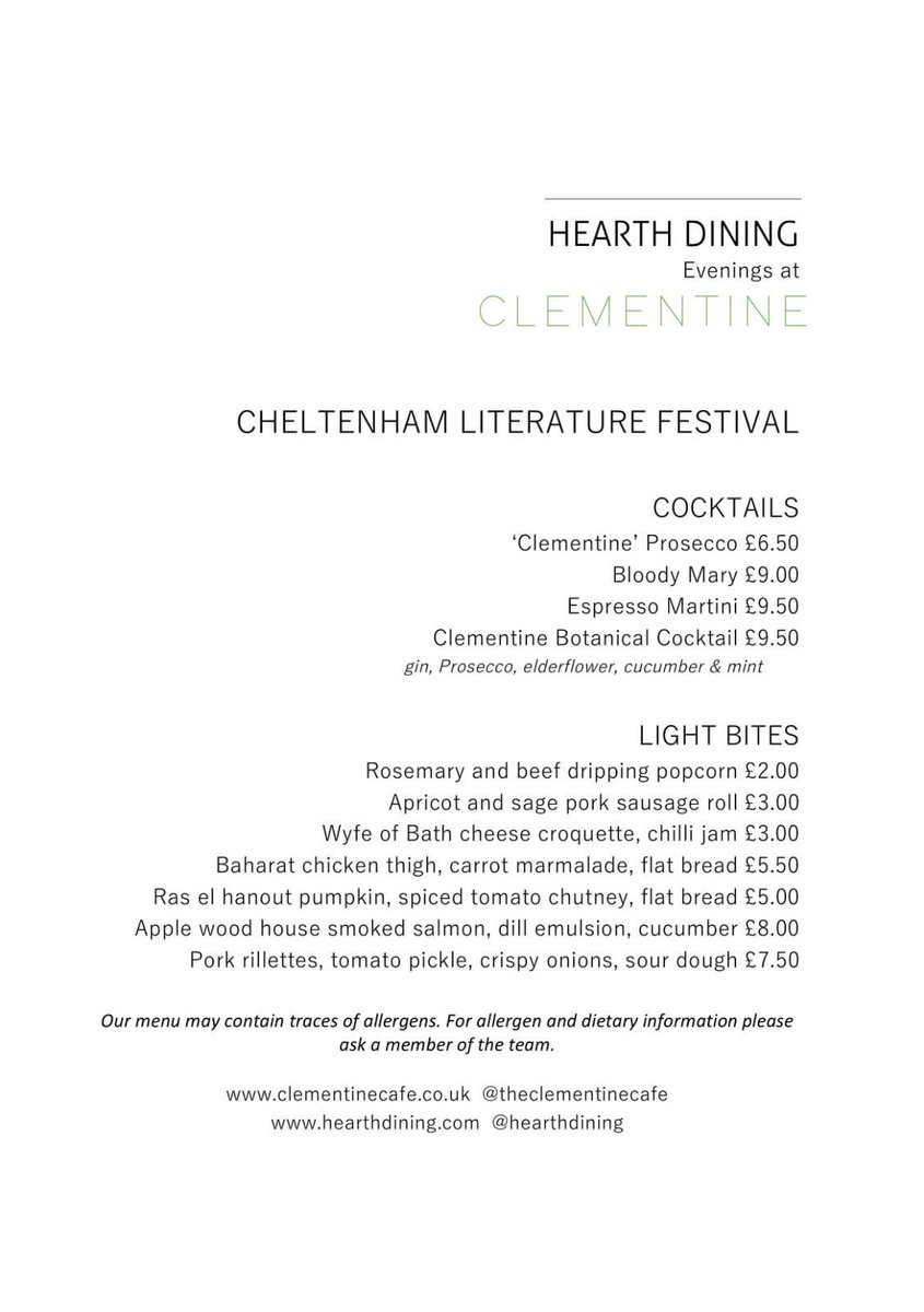 HearthDining's tweet photo. Tonight’s menu @CheltLitFest  Clementine cafe - 4 Queens Circus GL50 1RX https://t.co/PuJXA2vug9