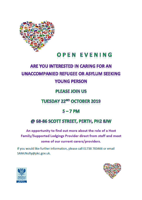 Would you like to be a #HostFamily/#SupportedLodgingsProvider for young refugees/unaccompanied asylum seekers? Find out more at our open evening, Tues 22 Oct 2019 @ 68-86 Scott Street, Perth, 5pm-7pm.  For further info, call 01738 783466