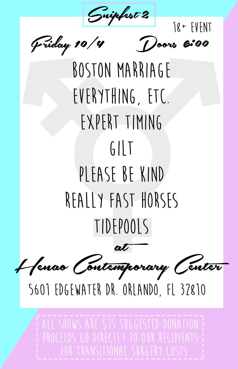 MontgomeryDrive's tweet photo. SNIPFEST 2 (help raise money for trans youth and their medical expenses) is 7PM TONIGHT at HENAO ft @GILTFL, @Expert_Timing, @TidepoolsBand, @BostonMarriage_, @PleaseBeKindFL, @EverythingEtc_, &amp; @ReallyFastHorse

RSVP: https://t.co/ZOBjPxkZkK
Tix: https://t.co/kcLznvdKVS https://t.co/ufmH5CRoya