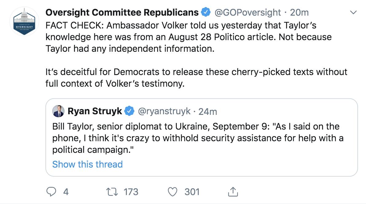 Oversight Committee Republicans (@GOPoversight) on Twitter photo 2019-10-04 15:18:17 We noticed the original tweet was deleted after we posted our fact check. Heres a screenshot, in case you missed it. Truth hurts. twitter.com/GOPoversight/s… We noticed the original tweet was deleted after we posted our fact check. Heres a screenshot, in case you missed it. Truth hurts. twitter.com/GOPoversight/s…