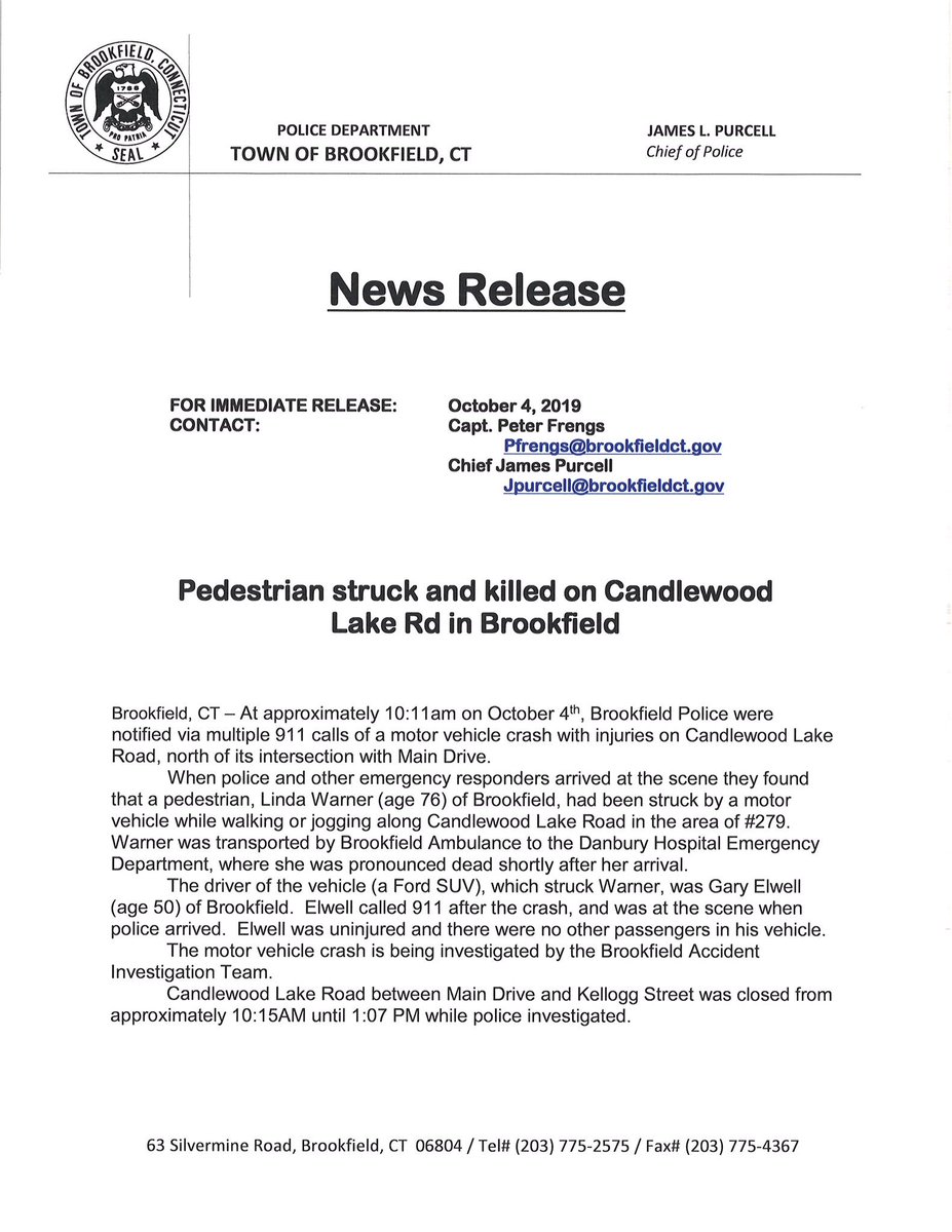 ***NEWS RELEASE***
Pedestrian struck and killed on Candlewood Lake Road in Brookfield.