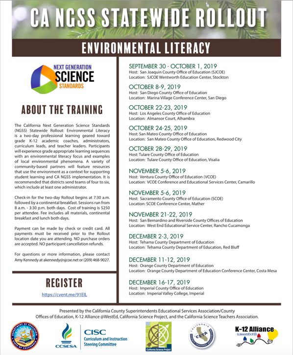 TenStrands's tweet photo. The CA #NGSS Statewide Rollouts are coming up! Participants in these #professionallearning sessions will experience grade appropriate learning sequences with an #environmentalliteracy focus and examples of local environmental phenomena. Register here: https://t.co/2QiChTkTnw https://t.co/0eZQcbmyj5