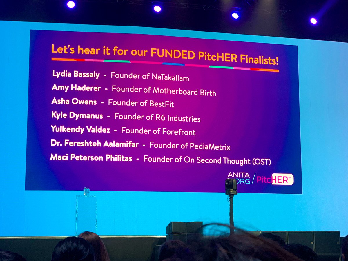 Thank you <a href="/AnitaB_org/">AnitaB.org</a> <a href="/ghc/">Grace Hopper (GHC)</a> <a href="/BrendaDardenW/">Brenda Darden Wilkerson</a> @QuincyKBrown  for focusing on women-led #startups!!! 👊🏼🙌🏼💯 #PitcHER 

Congrats to winners <a href="/Rubitection/">Rubitection</a>  @go_loro <a href="/mdallyinc/">MD Ally | 911 Network Navigation</a> <a href="/stratty_x/">StrattyX</a> &amp; semifinalists <a href="/_Forefront/">Forefront</a> <a href="/OSTtalk/">On Second Thought</a> <a href="/NaTakallam/">NaTakallam</a> <a href="/bestfit_app/">BestFit</a> <a href="/R6IndustriesInc/">R6 Industries</a> <a href="/pediametrix/">pediametrix</a> #GHC19