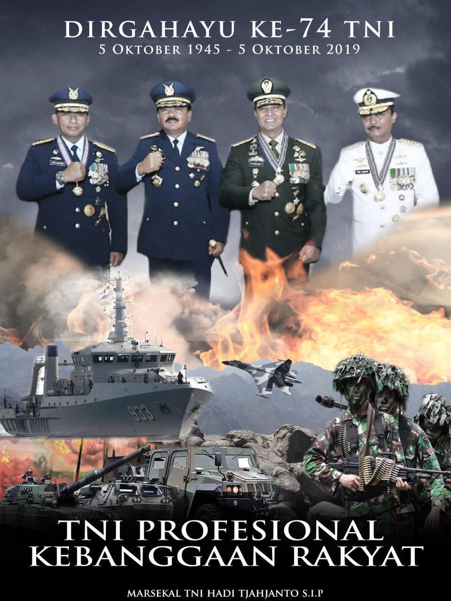 Ketika tiga kekuatan berpadu
Tiada angkara yang mampu mengadu
Kesatria ada dalam setiap jiwa serdadu
Meskipun terkadang diliputi rindu.

Selamat #HUT74TNI kepada seluruh prajurit TNI yang saya cintai &amp; banggakan, di manapun bertugas.

TNI Profesional, Kebanggaan Rakyat.
⭐⭐⭐⭐