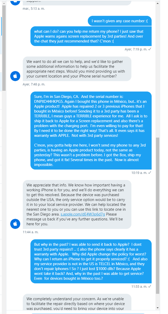 kwit2k's tweet photo. @AppleSupport  you're loosing it :(  I've own every iPhone up to the 11pro (but the 1st one), And now I'm really thinking in switching, due to poor customer service. https://t.co/zLJrBTor7g