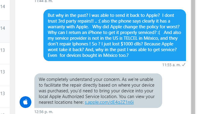 kwit2k's tweet photo. @AppleSupport  you're loosing it :(  I've own every iPhone up to the 11pro (but the 1st one), And now I'm really thinking in switching, due to poor customer service. https://t.co/zLJrBTor7g