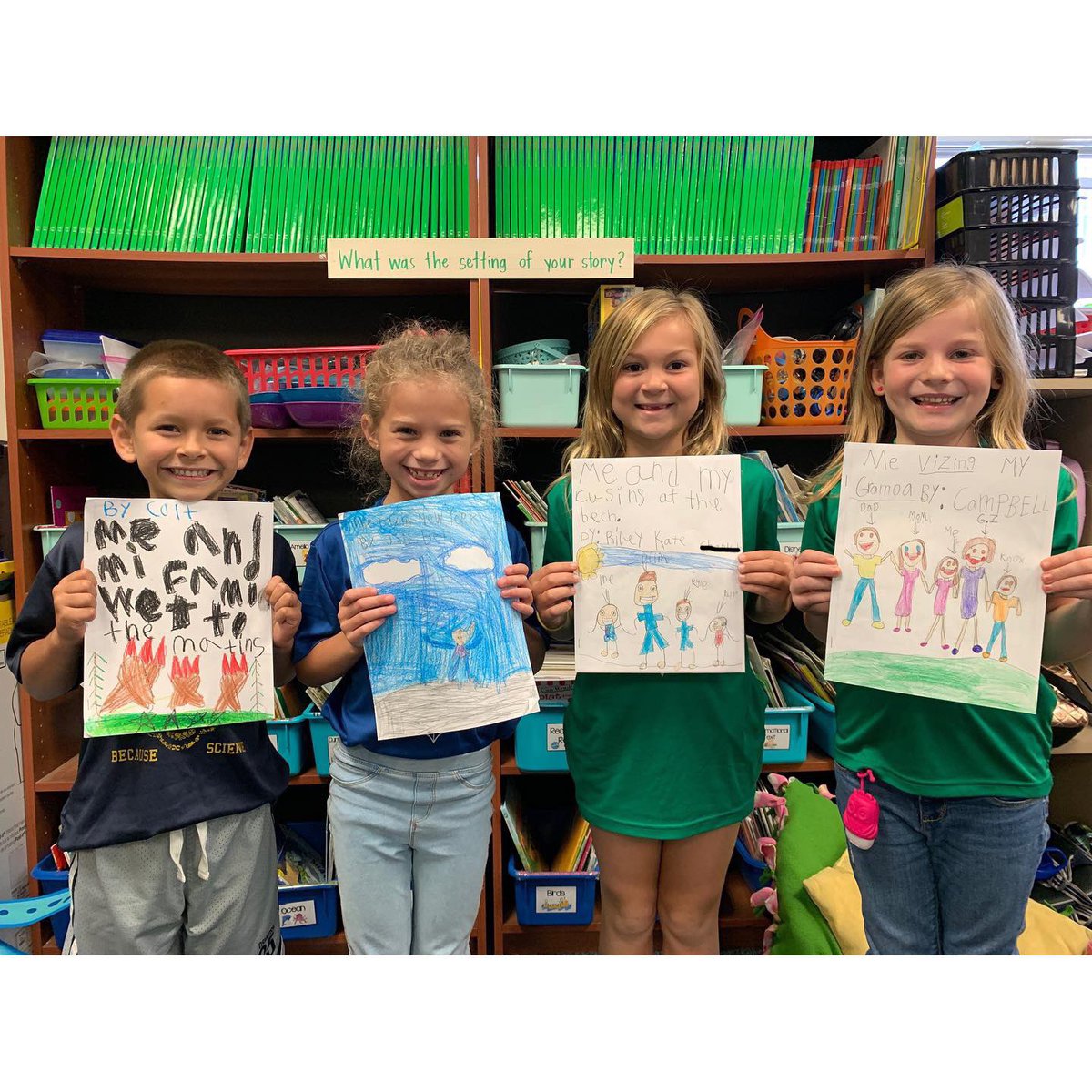 MutzMunchkins's tweet photo. Check out these 🌟super star writers🌟!!! We have been learning to write personal narratives and these little authors have finished their first books! Zoom in to read one of their amazing stories! 😱 #beprinceton @Princeton_OCPS https://t.co/YuZ41xsLKS