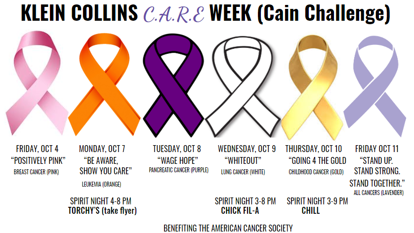 Hey Tigers - lets show that Collins cares next week -participate in dress-up days &amp; spirit nights, purchase CARE lunch paper chains and a special t-shirt to wear against Klein Cain! Cain challenged us to unite: KCs against cancer - fundraising donated to American Cancer Society.