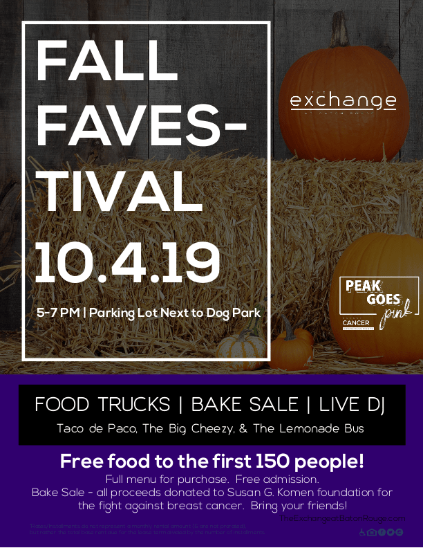 ExchangeBRApts's tweet photo. Meet us at our Fall Faves-tival 🍁 today at 5pm for all your fall favorites! There will be 3 food trucks, live music, pumpkin spice &amp; everything nice! A portion of proceeds goes to the 🎀 Susan G. Komen Foundation . https://t.co/5SAWXi8LZr