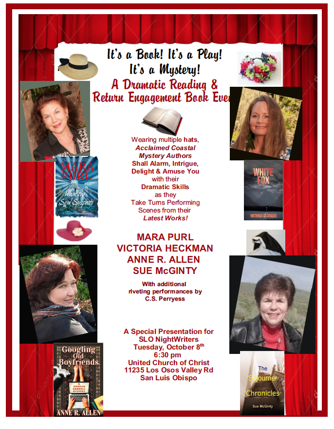 SLONightWriter's tweet image. You are not going to want to miss Tuesday October 8th's meeting with the SLONightwriters✏️! 😀These wonderful ladies will be doing a dramatic reading at 6:30📖📚. Please join us at the United Church of Christ, 11235 Los Osos Valley Rd in San Luis Obispo. 📕