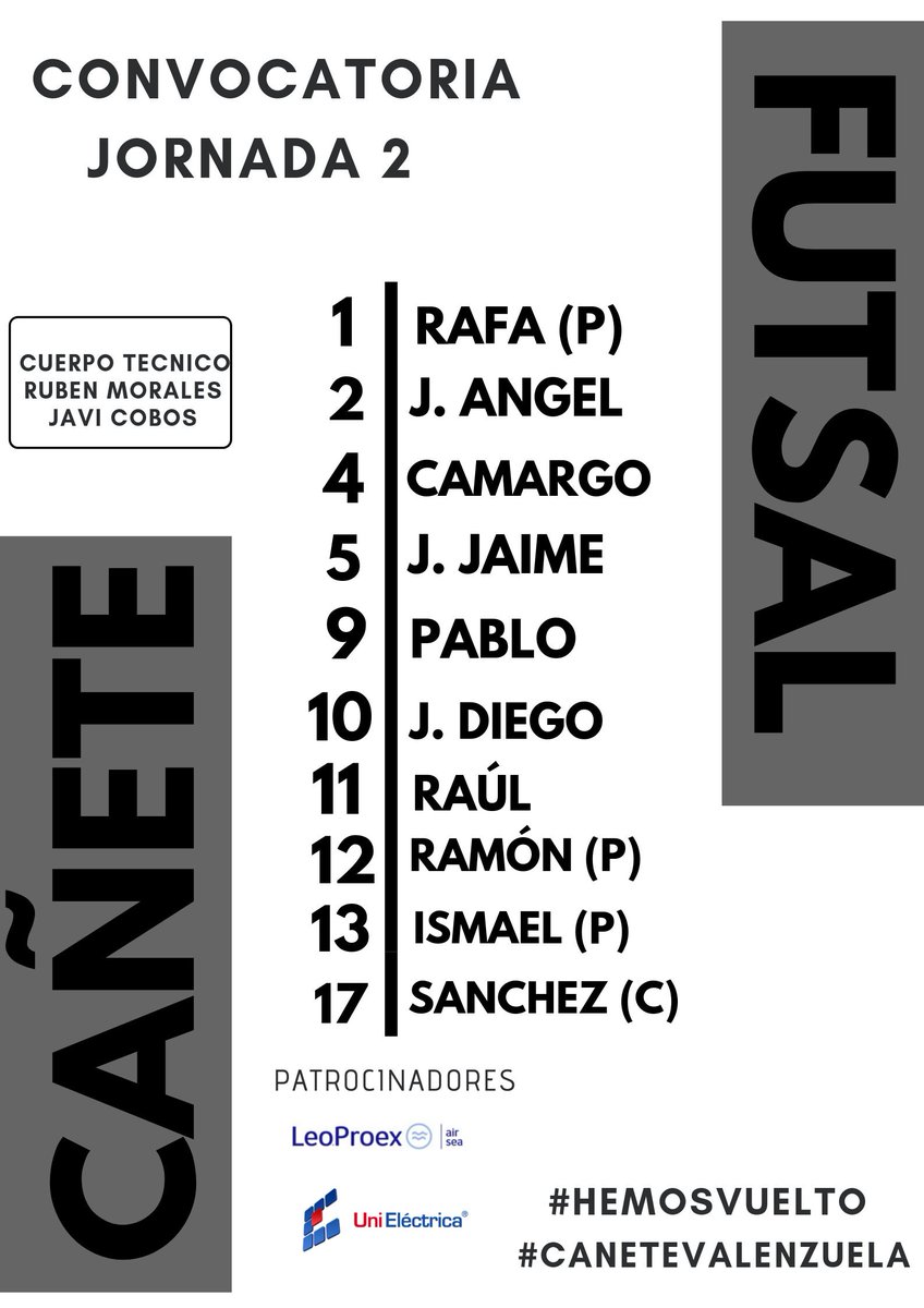 CaneteSala's tweet photo. 🗒️CONVOCATORIA J.2 || Estos son los elegidos por Rubén Morales para el partido de mañana a las 19:00 horas contra Valenzuela FS. 

#canetesala #CaneteValenzuela #HemosVuelto https://t.co/fO3toNIu35