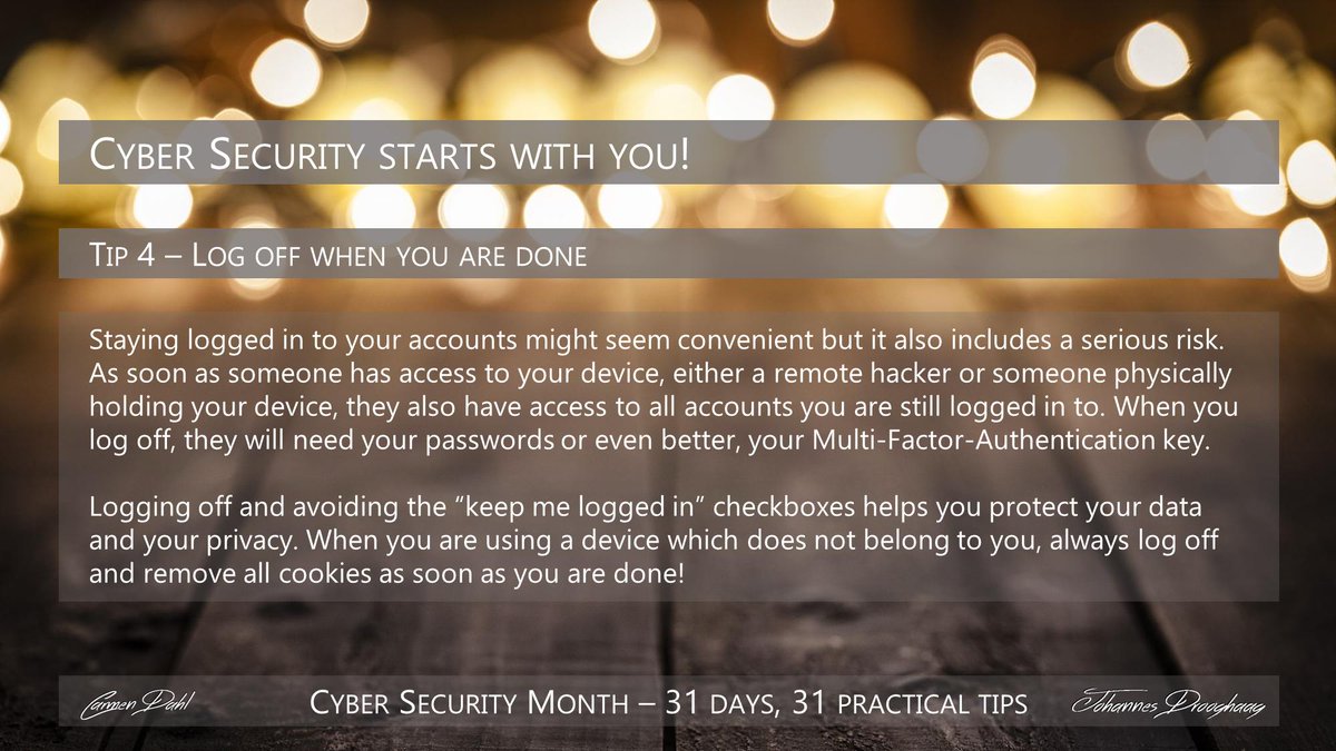 DrJDrooghaag's tweet photo. 🔵 Cyber Security starts with you!

October is #CyberSecurityMonth and we celebrate these 31 days with 31 practical tips to help you build 
@CyberResilience, by @Dahl_Consult and @DrJDrooghaag

#CyberSecurity
@NevilleGaunt @archonsec @avrohomg @alcgroup @fogle_shane @domhalps https://t.co/LAVtCt49Rh