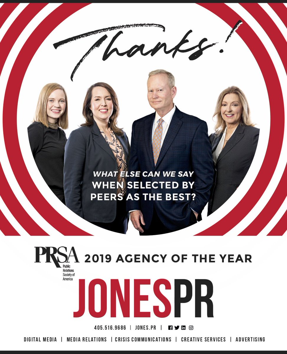 We are excited to announce that <a href="/JonesPR/">JonesPR</a> has been named 2019 Agency of the Year by <a href="/prsaokc/">PRSA-OKC</a>! We wouldn’t be where we are today without the support from our clients, community and fellow PR pros, so thank you to everyone who helped make this happen. Woo!😄🎉