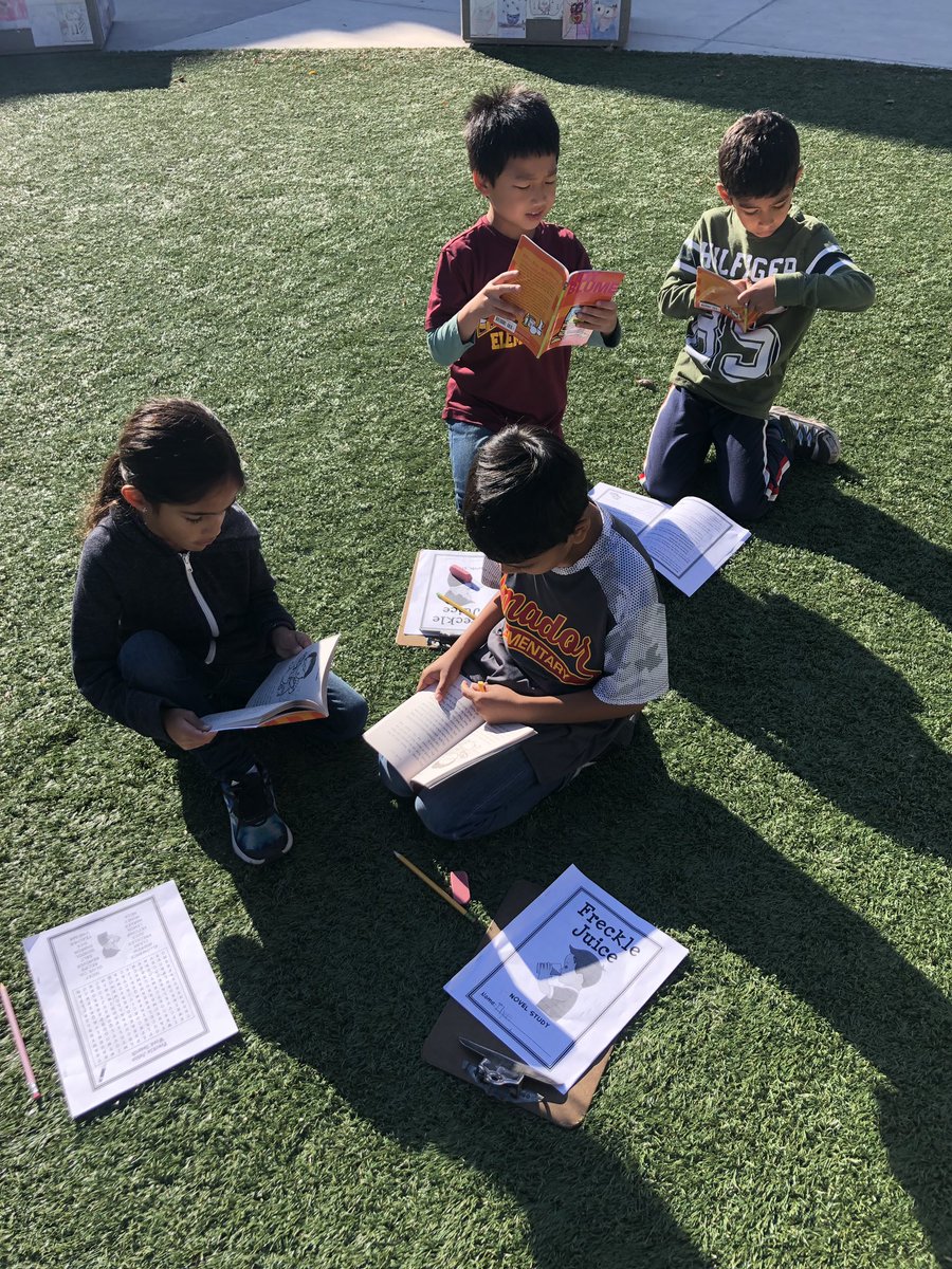 MissLittlejohn2's tweet photo. Freckle Juice novel studies on this sunny California morning! Thank you Amador PFC for our new books! #partnerreading #novelstudies @AmazonEdu @amazon @AESowls https://t.co/r7hGHKlVml