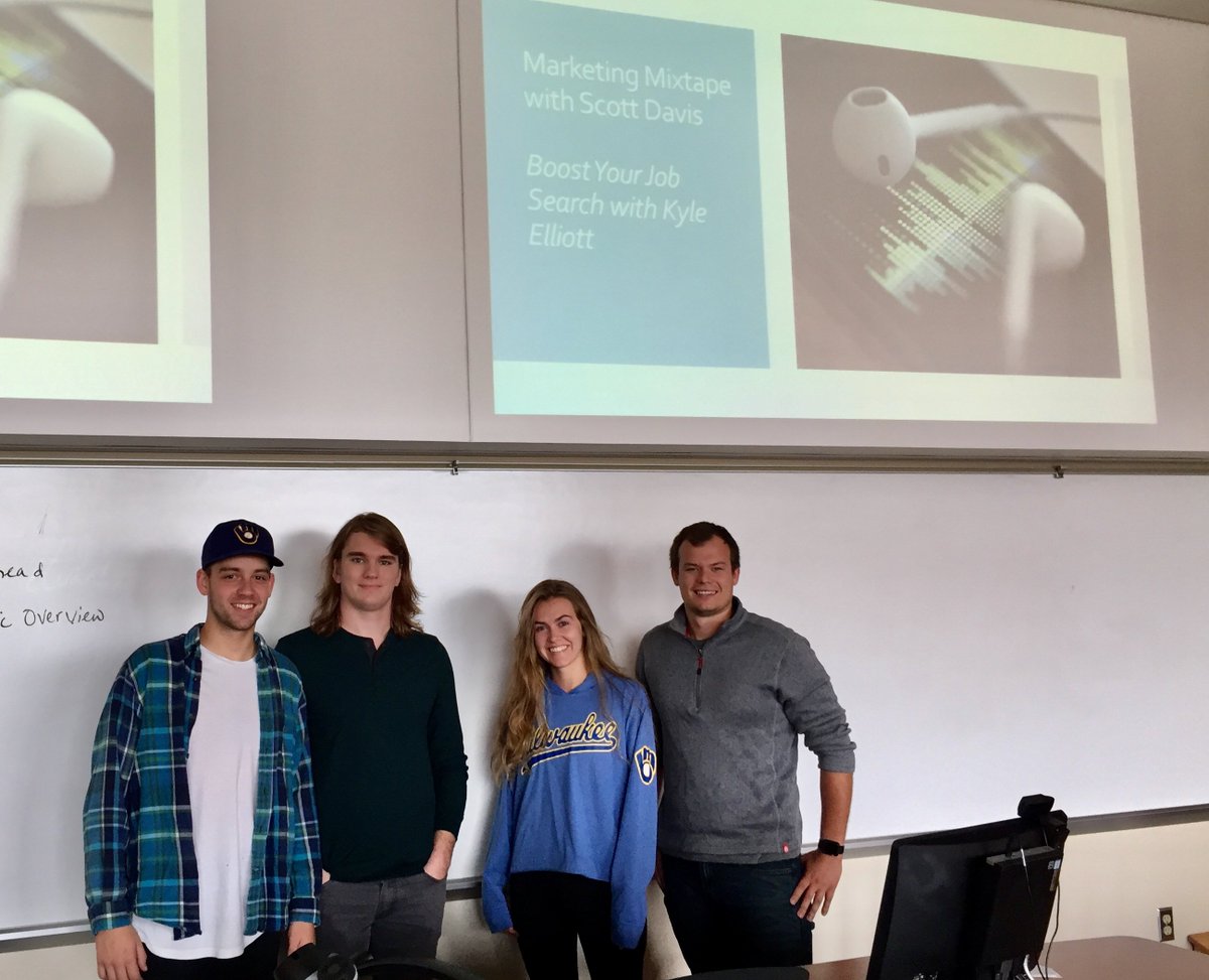 kathyfred's tweet photo. The @UWODigitalMktg students have completed Week 2 of the semester! @mindyywolfee , Luke, Andy and Artem presented their infographic for a podcast by @scottwdavis. They are prepared to use experiences as @UWOshkoshCOB students in personal branding! #DigitalMarketing #podcasting https://t.co/wGPUjbbDMp