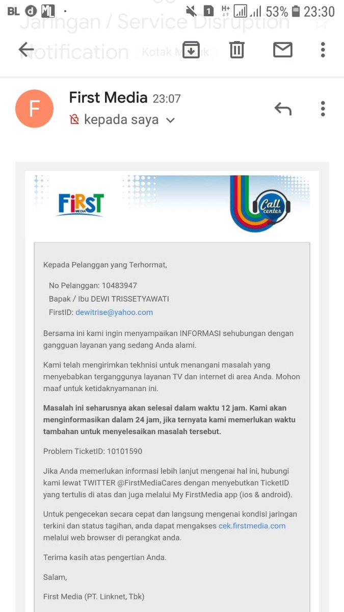 DeonKolang's tweet photo. @FirstMediaCares tanggal 7 agustus gangguan,  sekarang di complain baru kirim email pemberitahuan,  ga dijelasin juga gangguan apa ga profesional banget https://t.co/yMrbAyOkfI