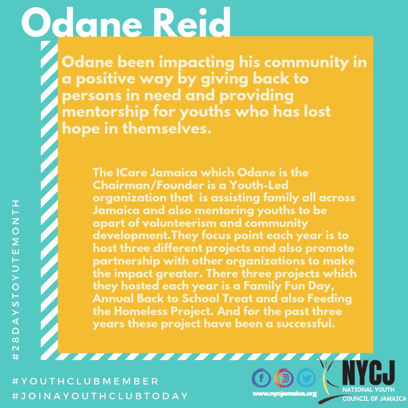 nycja_'s tweet photo. #28DaystoYuteMonth
#CountDownWithNationBuilder
#HesLIT
Our #28 Youth is from the 2nd city St. James and is the Founder and Chairman of I Care Jamaica, Odane Reid.
#HeLeads
#HeInspire
#HeTranform
#YouthMonth2019
#GoVolunteerJA
#JoinAYouthClubToday
#NYCJA
#LIT https://t.co/6wZH3yyHnn