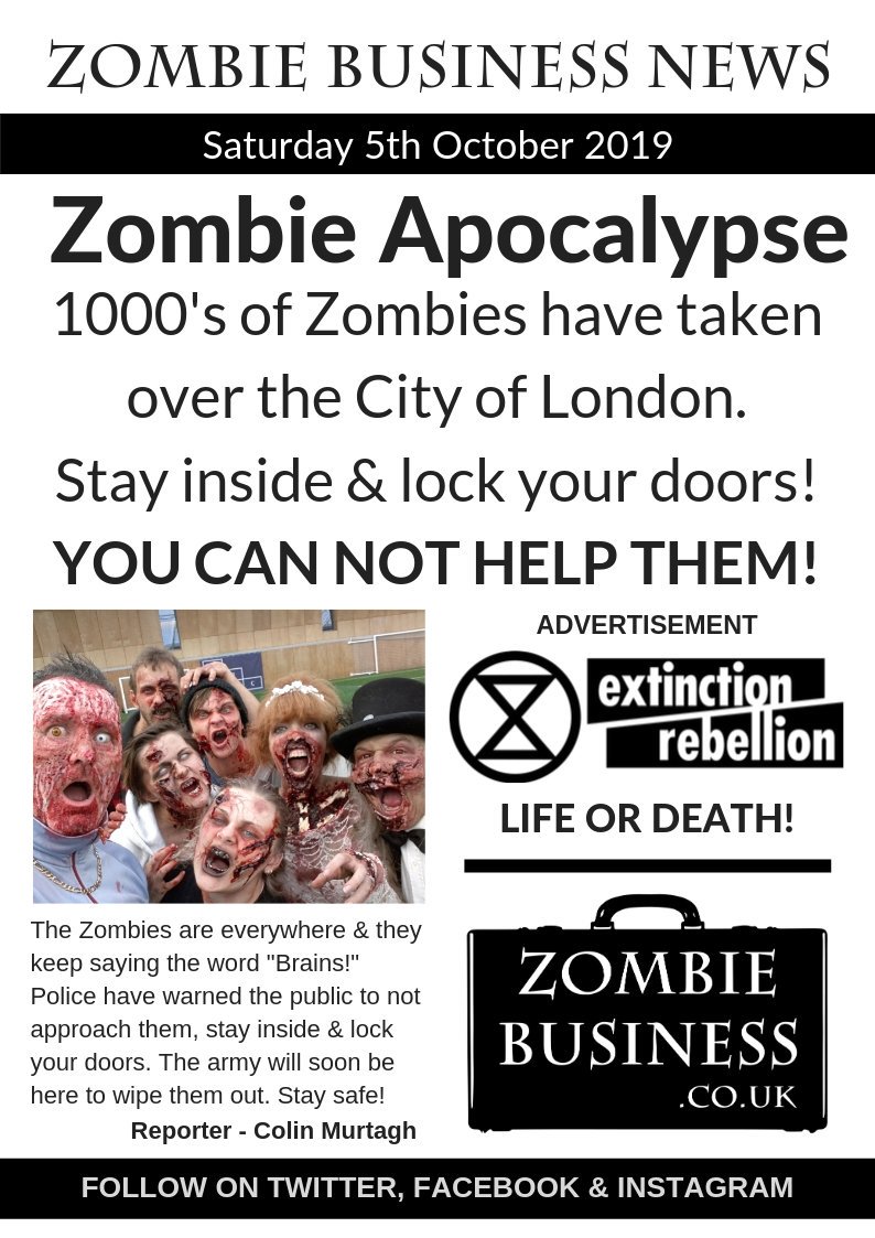 Make sure you watch out for the #Zombies tomorrow in #London Word on the street is they will take over the capital! Lock your doors. #WorldZombieDay #ZombieWalk <a href="/WZDlondon/">World Zombie Day</a> <a href="/ZombieBusinesss/">Zombie Business</a> <a href="/ExtinctionR/">Extinction Rebellion Global</a> #Zombie #LifeorDeath #ExtinctionRebellion