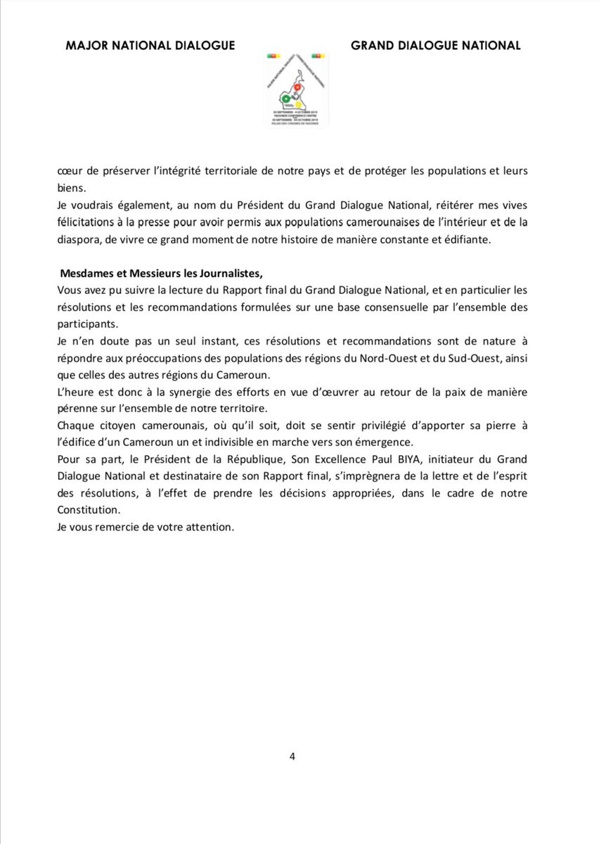Point de presse du porte-parole sur le déroulement de la dernière journée des assises du Grand Dialogue National.
🇨🇲🇨🇲🇨🇲
#CmrDialogue
#Cameroun
#Cameroon
<a href="/CRTV_web/">CRTVweb</a> 
<a href="/CamerounTribune/">Cameroon Tribune</a>