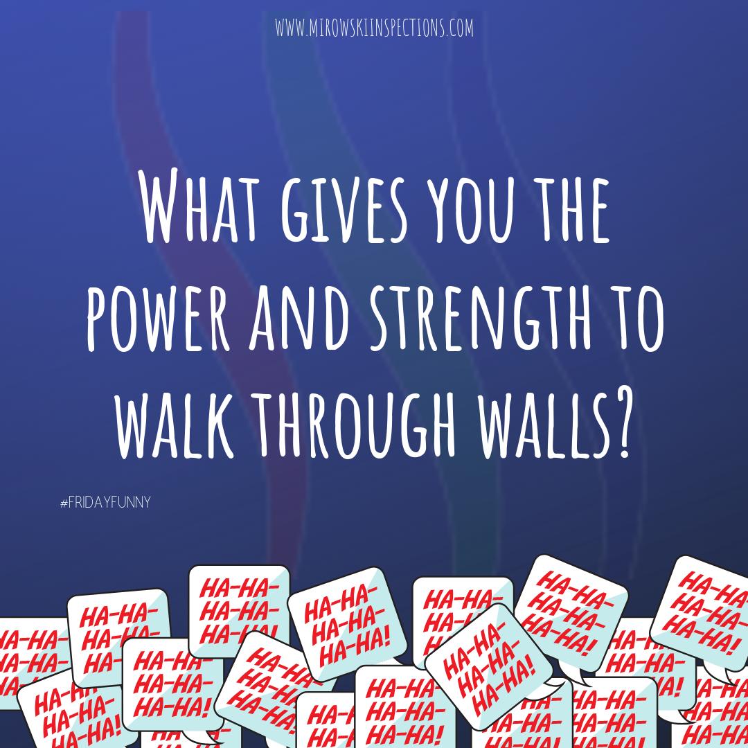 MirowskiInspect's tweet image. What gives you the power and strength to walk through walls?
.
---   A door  ---
.
#fridayfunny #inspectorhumor #homeinspections #inspectionbusiness  #springfieldmo 
.
Did you know:  #Laughter protects the heart.