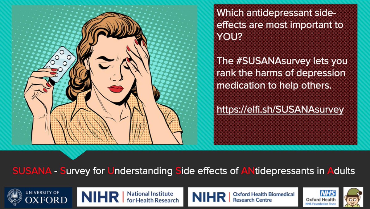 Take the #SUSANAsurvey before 15th October 2019 to make sure that your experiences of taking or prescribing antidepressants are captured.
elfi.sh/SUSANAsurvey