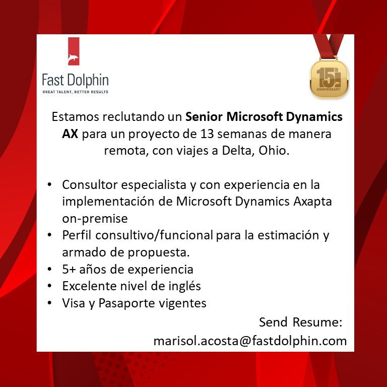 fastdolphin's tweet image. #Microsoft #Dynamics #Axapta para proyecto remoto de 13 semanas.  Cv a ma@fastdolphin.com